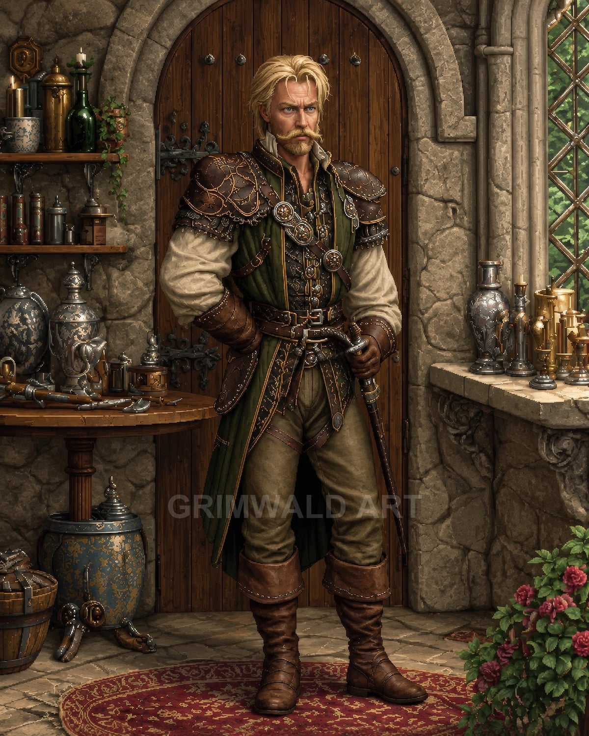 A blond male alchemist in green leather armour stands in a stone workshop, surrounded by glassware, brass instruments, candles, and a latticed window.