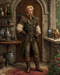 GRID THUMBNAIL — A blond male alchemist in green leather armour stands in a stone workshop, surrounded by glassware, brass instruments, candles, and a latticed window.