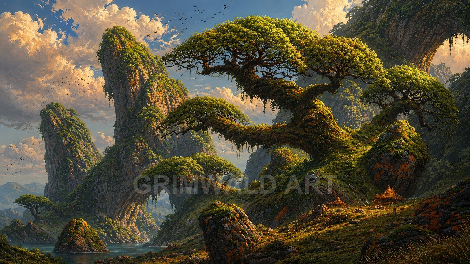 Giant arched tree bridges crown mossy rock spires above a tranquil lake, golden-hour light, small tents and distant birds under towering clouds.
