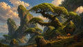 GRID THUMBNAIL — Giant arched tree bridges crown mossy rock spires above a tranquil lake, golden-hour light, small tents and distant birds under towering clouds.