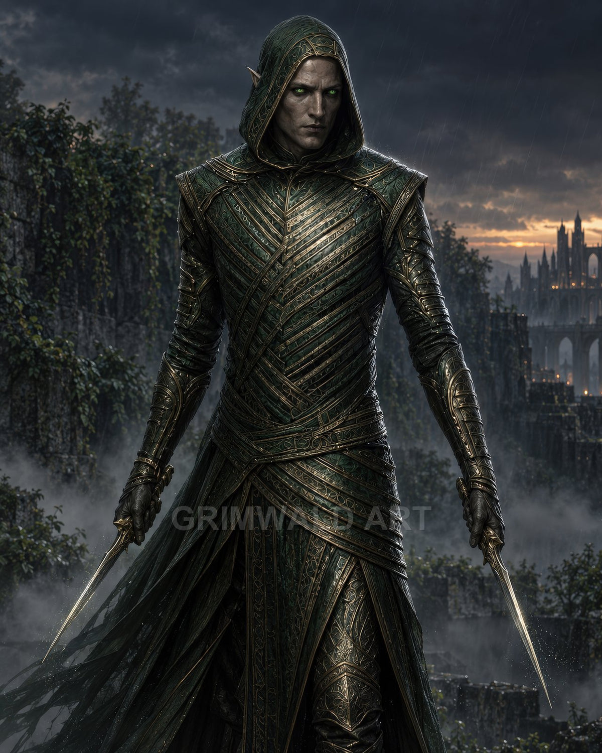 Hooded elf in ornate green armour holding twin daggers, standing in rain amid overgrown ruins, distant gothic city under stormy twilight sky.