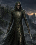 GRID THUMBNAIL — Hooded elf in ornate green armour holding twin daggers, standing in rain amid overgrown ruins, distant gothic city under stormy twilight sky.