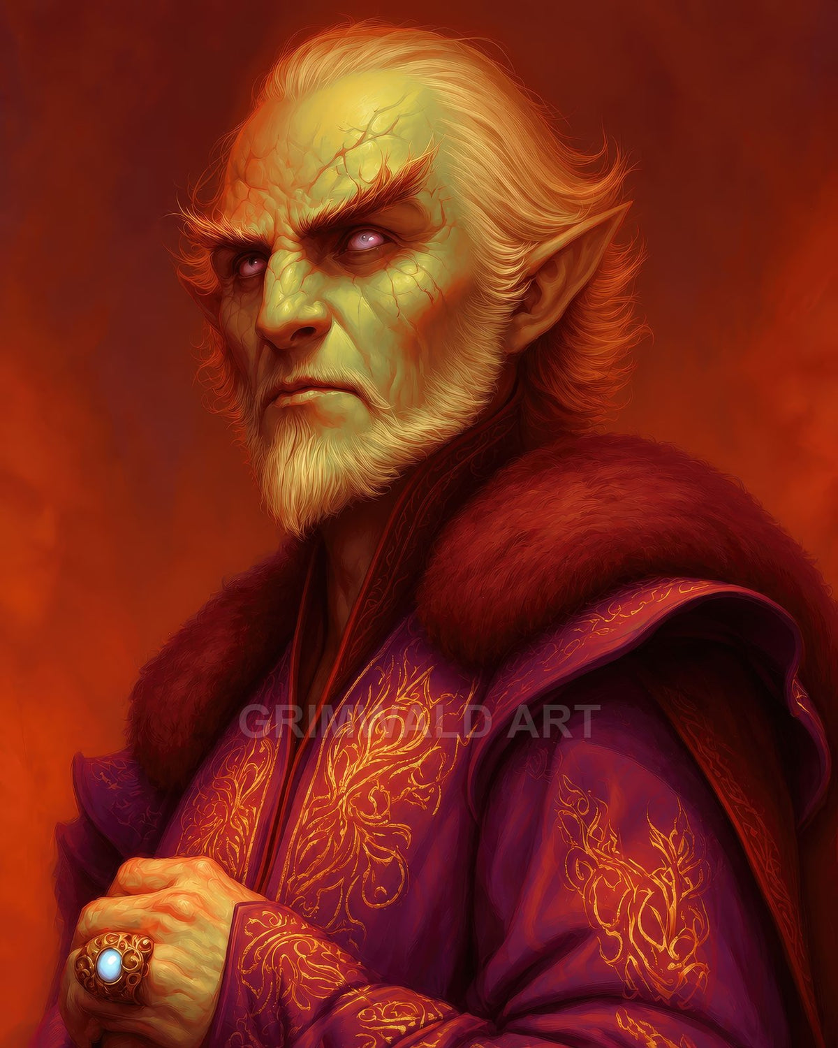 Elder elf wizard with green, veined skin and glowing eyes, wearing ornate purple robes and fur collar against a fiery orange firelit backdrop.