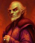 GRID THUMBNAIL — Elder elf wizard with green, veined skin and glowing eyes, wearing ornate purple robes and fur collar against a fiery orange firelit backdrop.
