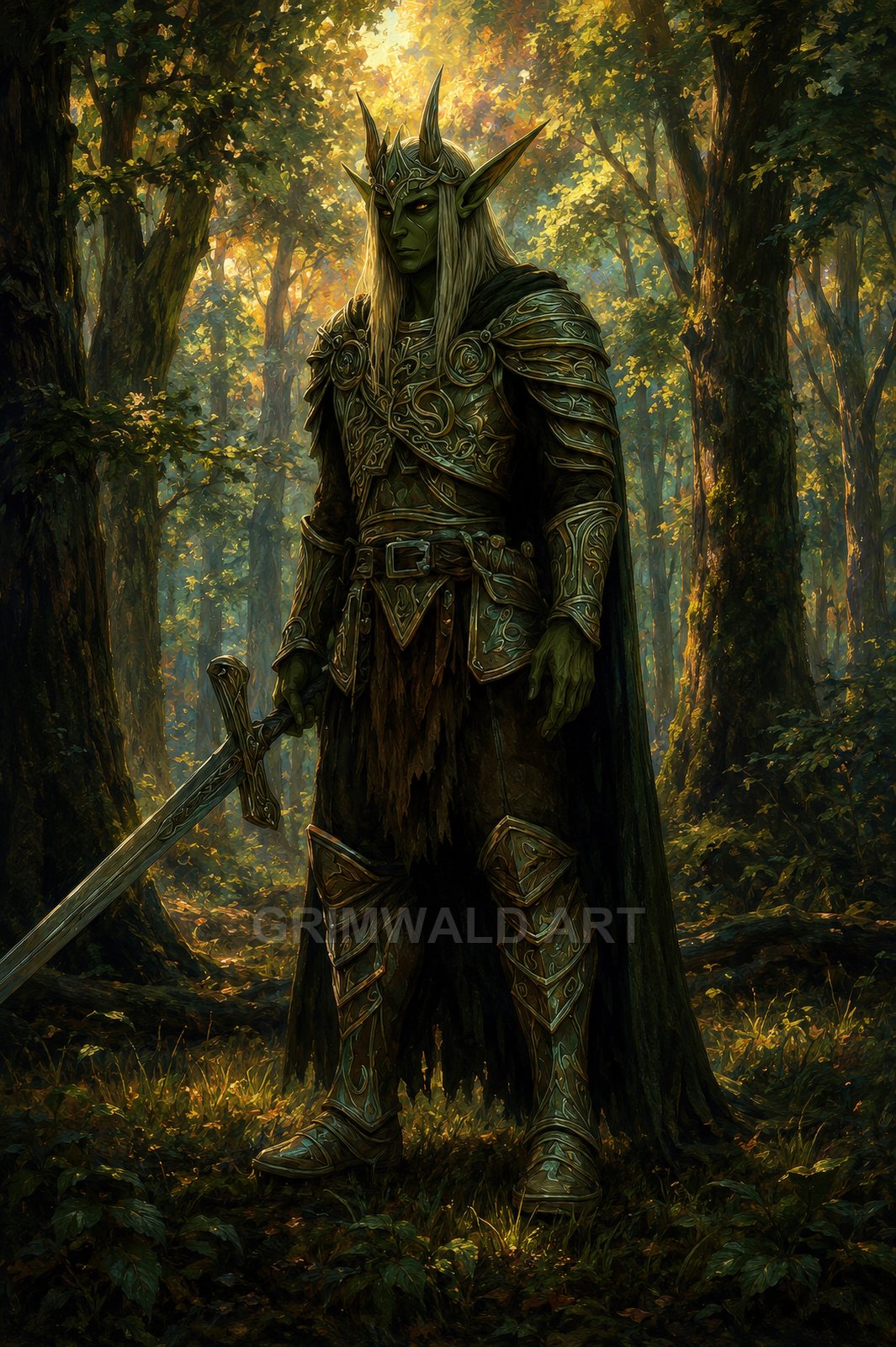 Armoured green-skinned elf warrior in a sunlit forest, wearing ornate leaf-patterned armour and a crown, holding a large engraved sword at his side.