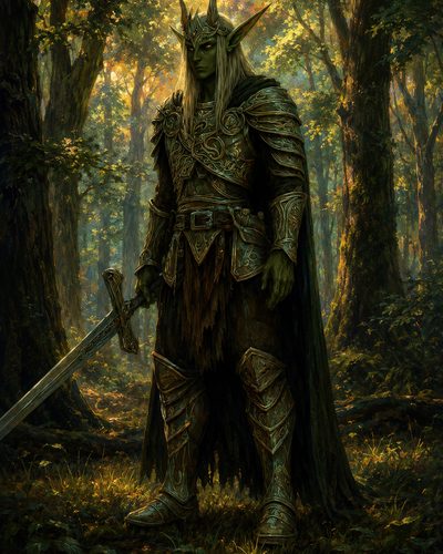 GRID THUMBNAIL — Armoured green-skinned elf warrior in a sunlit forest, wearing ornate leaf-patterned armour and a crown, holding a large engraved sword at his side.