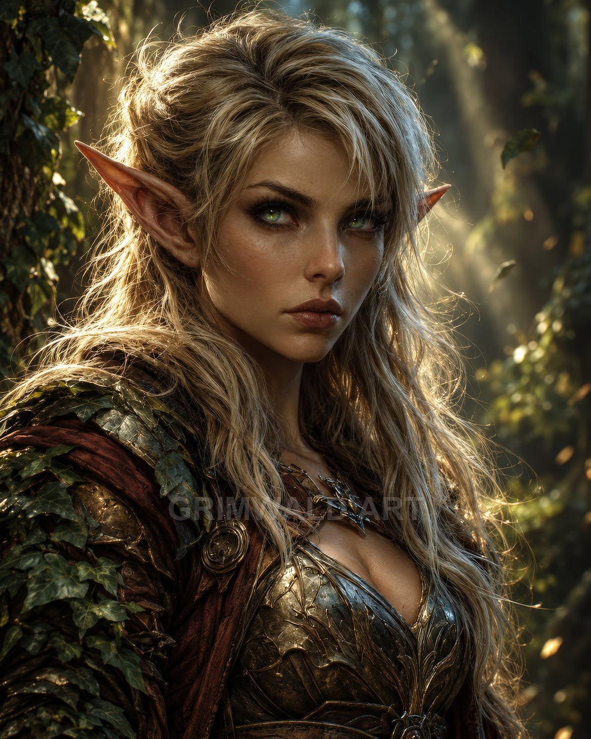 Close-up portrait of a blonde female elf in leaf-etched armour and ivy mantle, standing in a sunlit forest with golden rays.