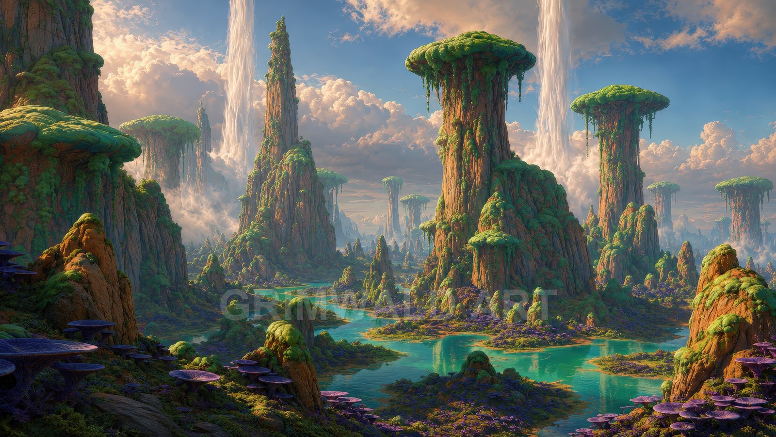 The Verdant Skyfalls – Retro Fantasy Landscape Art