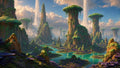 GRID THUMBNAIL — Panoramic fantasy landscape with towering mossy rock pillars capped by flat canopies, turquoise rivers, purple mushroom-like plants, and colossal waterfalls descending from clouds under sunlight.