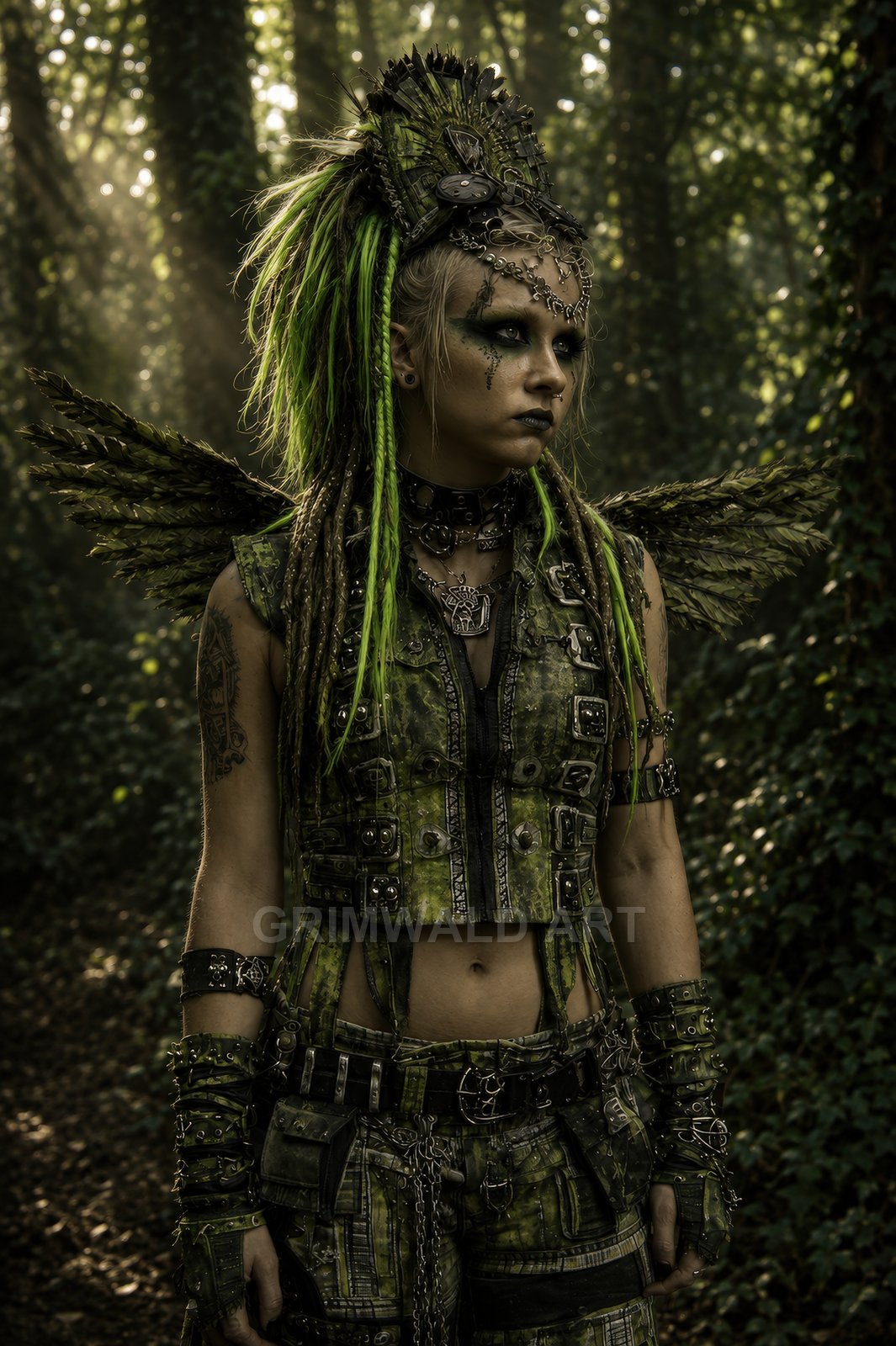Winged fae woman in green, riveted armour and neon dreadlocks stands in a shadowed forest, sunbeams streaming through trees, gothic makeup and chains.