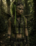 GRID THUMBNAIL — Winged fae woman in green, riveted armour and neon dreadlocks stands in a shadowed forest, sunbeams streaming through trees, gothic makeup and chains.