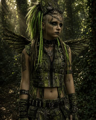GRID THUMBNAIL — Winged fae woman in green, riveted armour and neon dreadlocks stands in a shadowed forest, sunbeams streaming through trees, gothic makeup and chains.