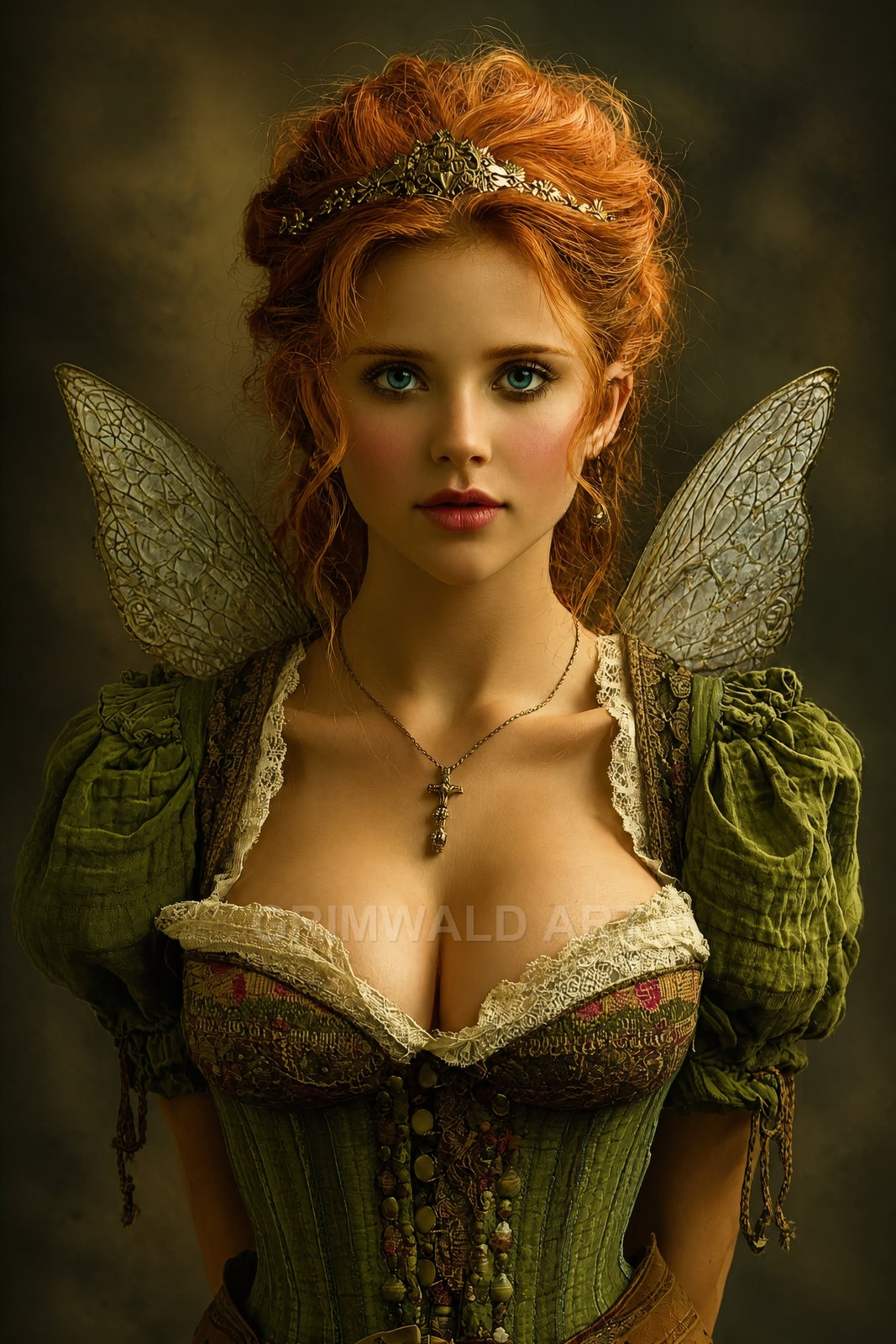 Portrait of a red-haired fairy woman with translucent wings, wearing a green corset dress with lace trim and a delicate tiara, against a dark backdrop.