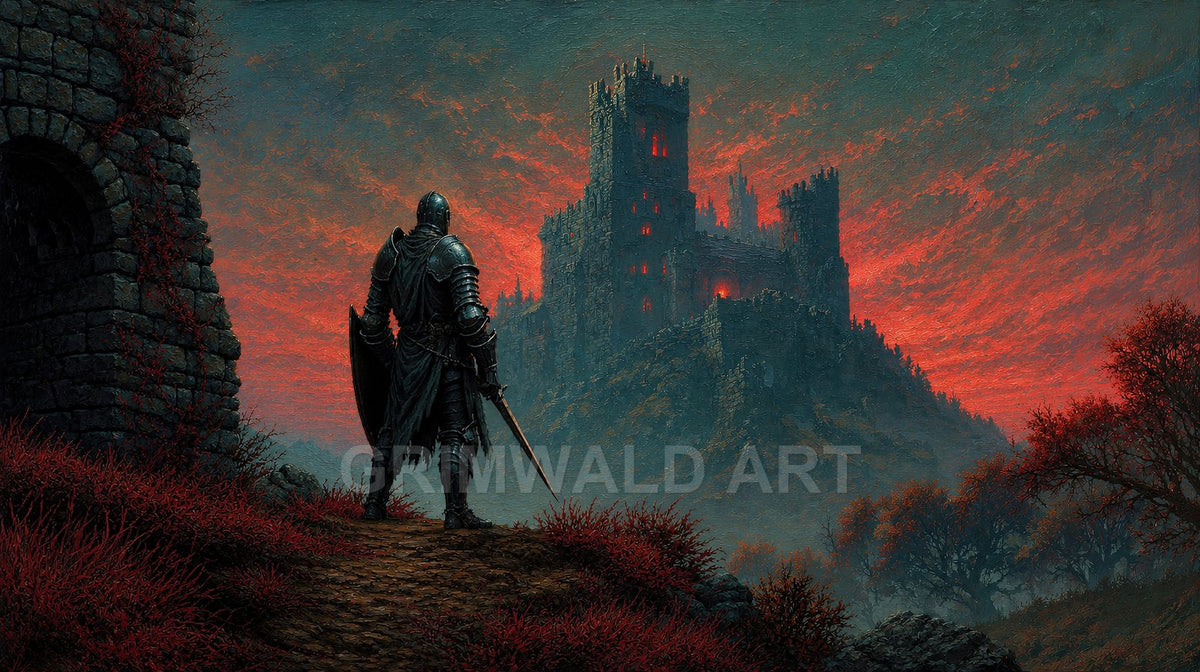 An armoured figure stands on a path, gazing at a castle on a hill beneath a blood-red sunset sky, with crimson shrubs and stone ruins.