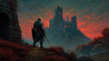 GRID THUMBNAIL — An armoured figure stands on a path, gazing at a castle on a hill beneath a blood-red sunset sky, with crimson shrubs and stone ruins.