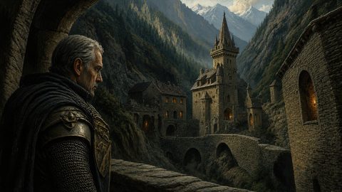 GRID THUMBNAIL — An armoured elder watches from a stone arch as a torchlit mountain castle and arched bridge rise amid dark pine valleys at twilight.