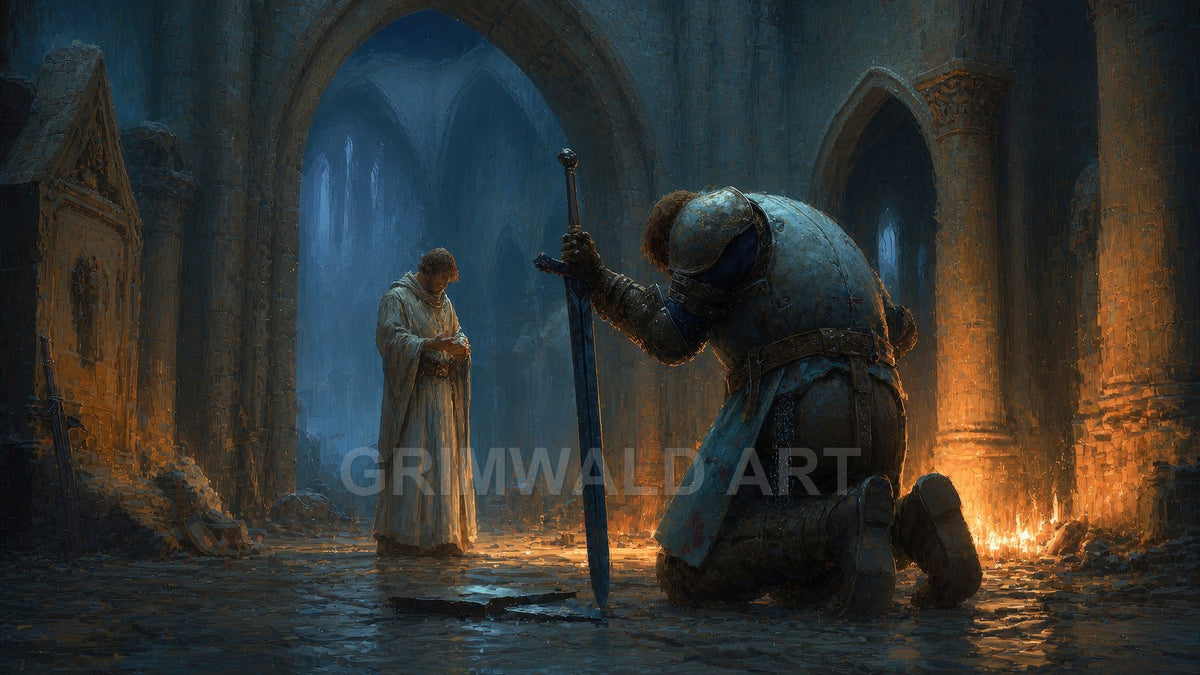 A kneeling armoured knight plants his sword before a robed figure inside a vast ruined cathedral, blue shadows contrasting with warm firelight.