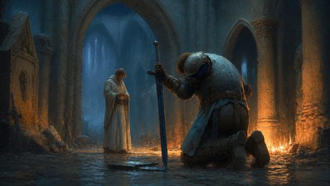 GRID THUMBNAIL — A kneeling armoured knight plants his sword before a robed figure inside a vast ruined cathedral, blue shadows contrasting with warm firelight.