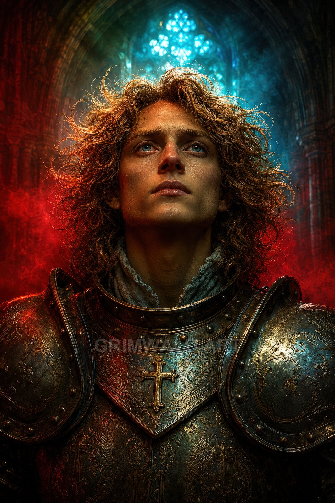 Portrait of a youthful armoured paladin with a gilded cross, gazing upward in a cathedral, blue stained glass and red mist behind.