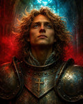 GRID THUMBNAIL — Portrait of a youthful armoured paladin with a gilded cross, gazing upward in a cathedral, blue stained glass and red mist behind.