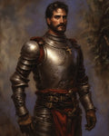 GRID THUMBNAIL — Portrait of a bearded knight in ornate silver plate armour with a red sash and cross pendant, set against a muted studio background.
