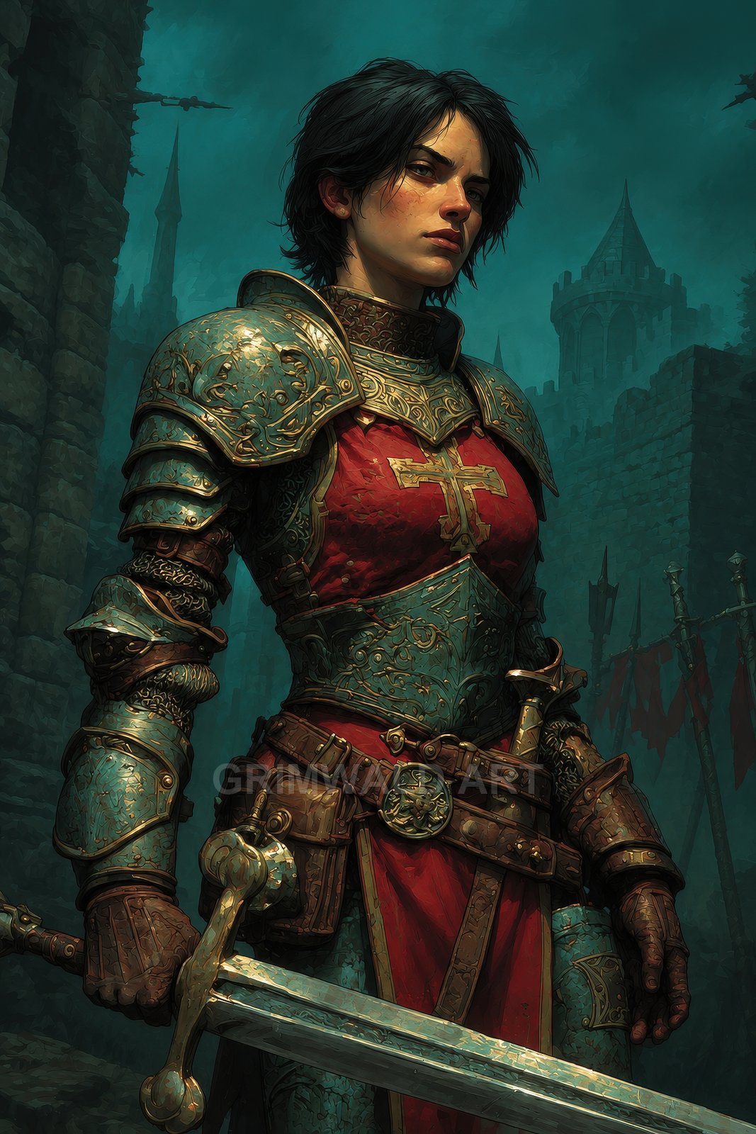 Armoured female paladin in teal plate and red surcoat with a cross, holding a longsword before misty castle towers at twilight.