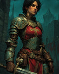 GRID THUMBNAIL — Armoured female paladin in teal plate and red surcoat with a cross, holding a longsword before misty castle towers at twilight.