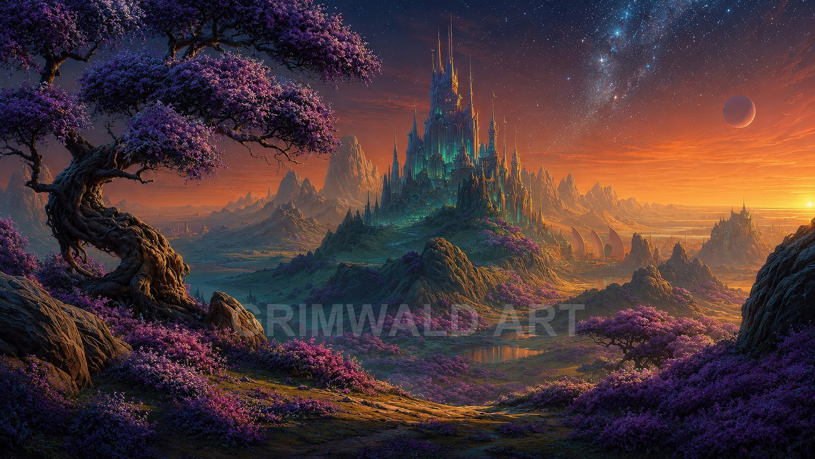 A glowing spired castle rises among rocky hills and reflective lakes, framed by purple-blossomed trees under a starry twilight and setting sun.
