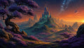 GRID THUMBNAIL — A glowing spired castle rises among rocky hills and reflective lakes, framed by purple-blossomed trees under a starry twilight and setting sun.