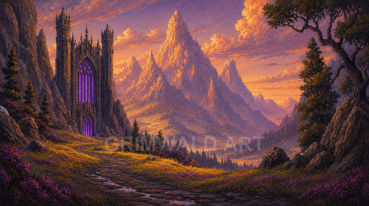 Gothic mountain cathedral with glowing purple windows beside a winding stone path, overlooking a golden sunset valley of jagged peaks and wildflowers.