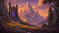 GRID THUMBNAIL — Gothic mountain cathedral with glowing purple windows beside a winding stone path, overlooking a golden sunset valley of jagged peaks and wildflowers.