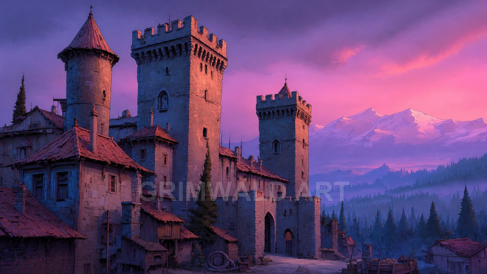 A medieval stone castle with tall battlemented towers at sunset, purple-pink sky above, with dark pine forests and snow-capped mountains in the background.