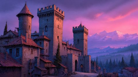 GRID THUMBNAIL — A medieval stone castle with tall battlemented towers at sunset, purple-pink sky above, with dark pine forests and snow-capped mountains in the background.