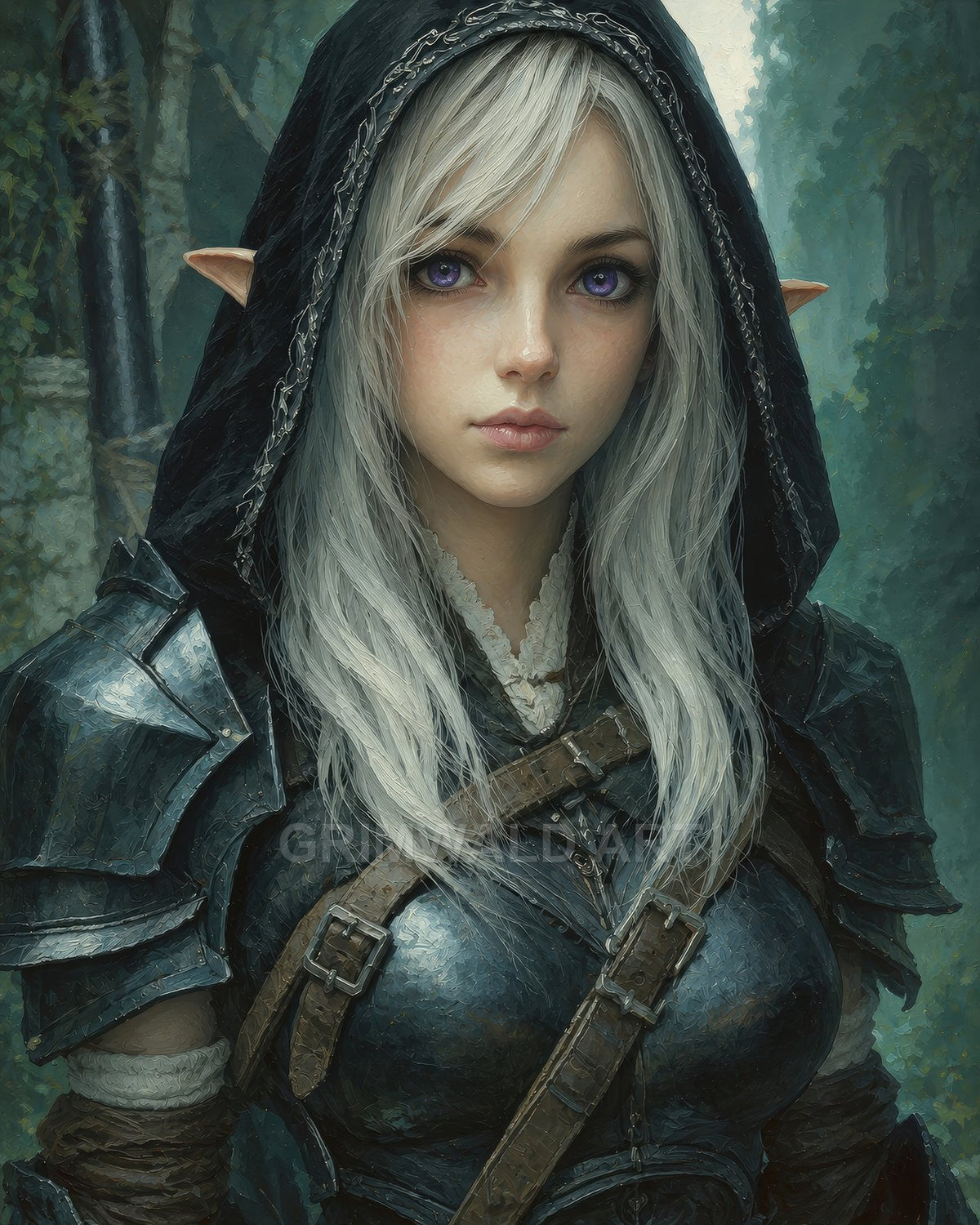Portrait of a silver-haired elf woman in dark hood and steel armour, violet eyes, standing before mossy forest ruins in moody light.