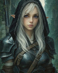 GRID THUMBNAIL — Portrait of a silver-haired elf woman in dark hood and steel armour, violet eyes, standing before mossy forest ruins in moody light.
