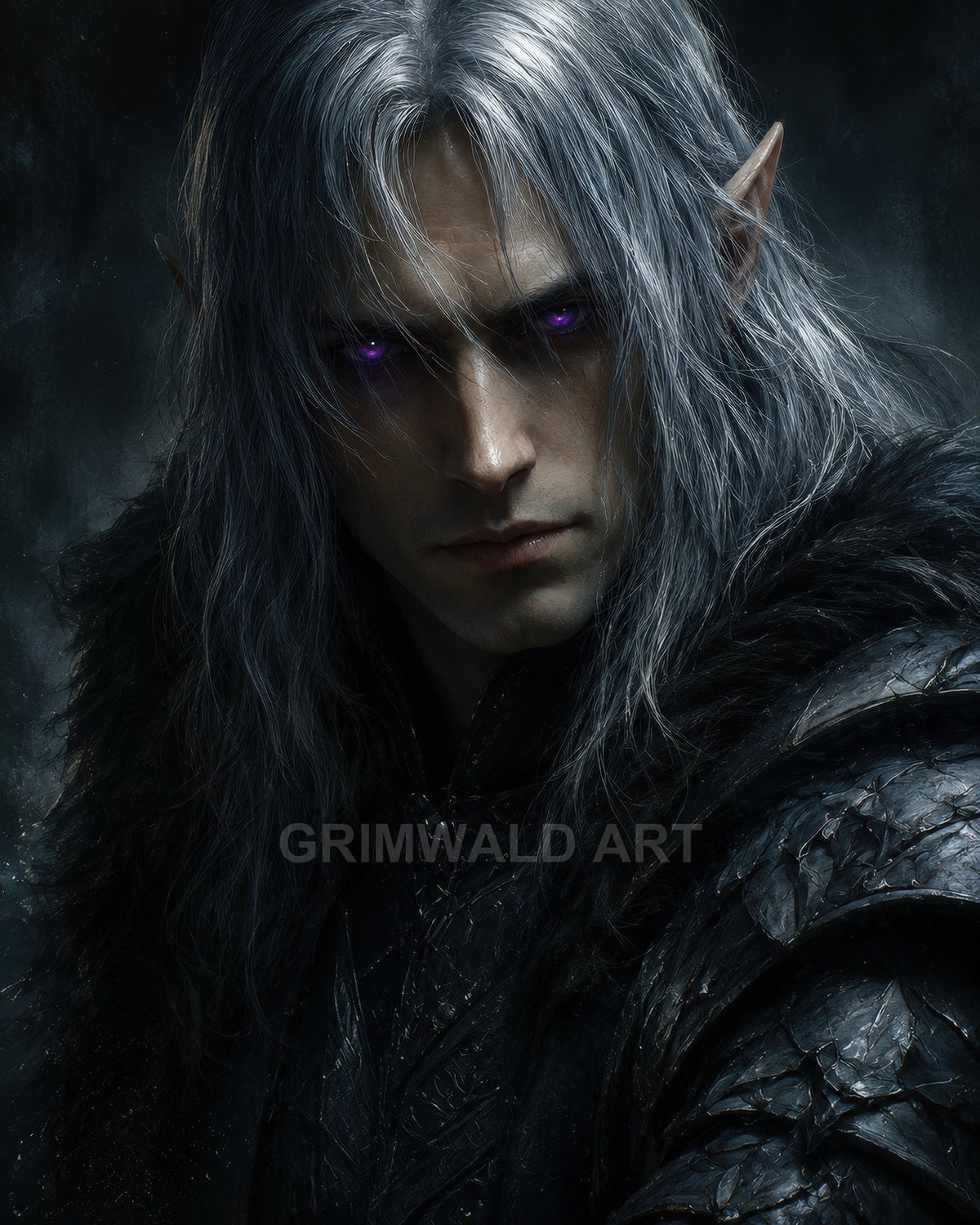 Moody portrait of a male elf with long silver hair, pointed ears, and glowing violet eyes, clad in dark textured armour against a shadowy backdrop.