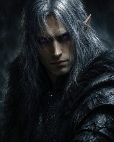 GRID THUMBNAIL — Moody portrait of a male elf with long silver hair, pointed ears, and glowing violet eyes, clad in dark textured armour against a shadowy backdrop.