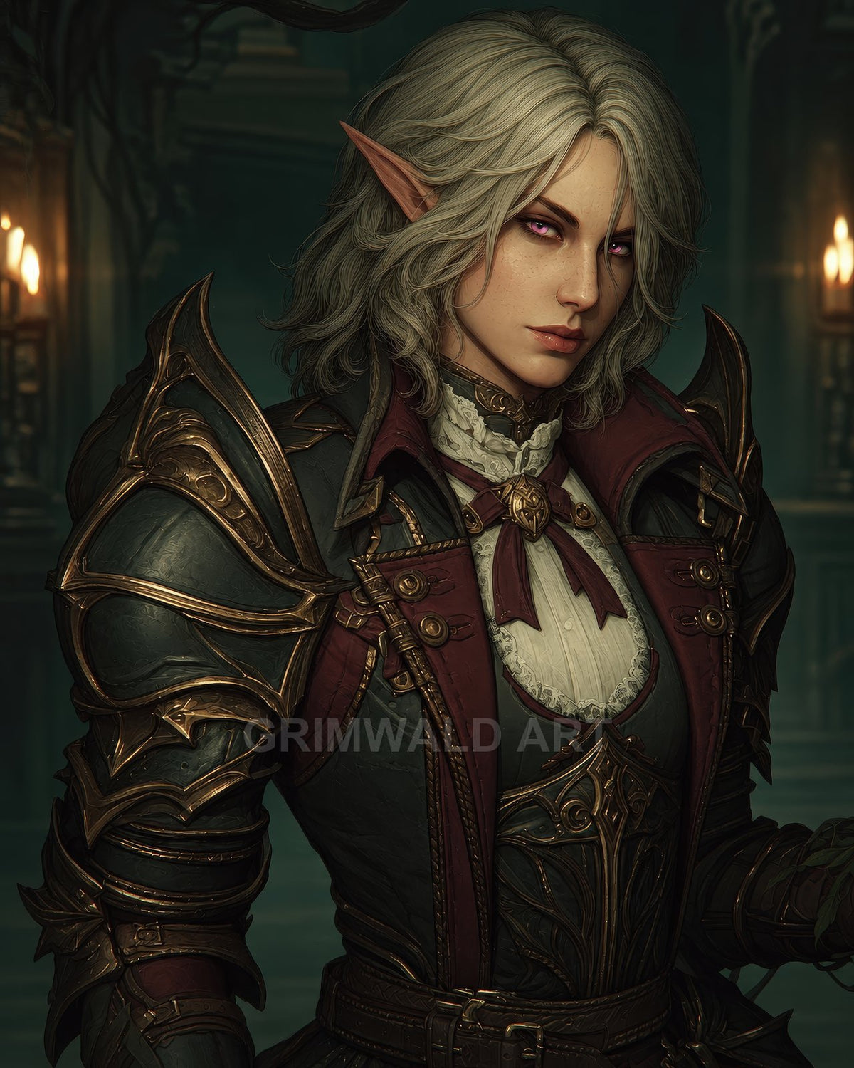 Portrait of a female elf in ornate dark armour with gold filigree, violet eyes, candlelit interior background, gothic fantasy atmosphere.