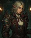 GRID THUMBNAIL — Portrait of a female elf in ornate dark armour with gold filigree, violet eyes, candlelit interior background, gothic fantasy atmosphere.
