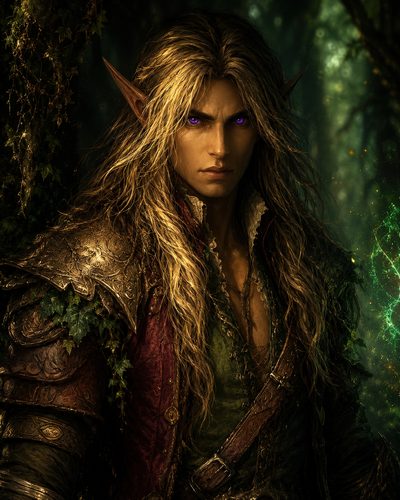 GRID THUMBNAIL — Portrait of a long-haired elf with glowing violet eyes and ornate leather armour, standing in a shadowed forest with drifting green magical sparks.