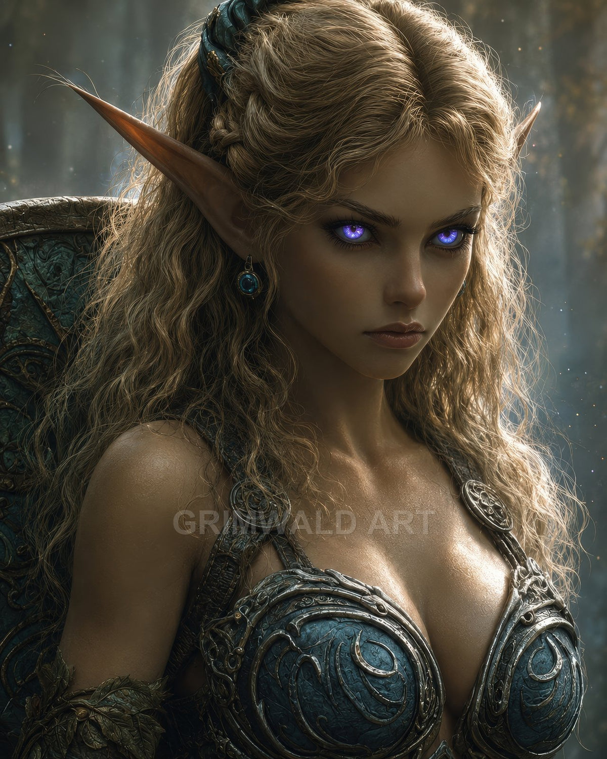Close-up of a female elf with glowing violet eyes and ornate teal armour, wavy hair, in a softly lit forest setting.