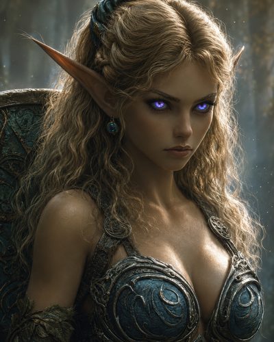 GRID THUMBNAIL — Close-up of a female elf with glowing violet eyes and ornate teal armour, wavy hair, in a softly lit forest setting.