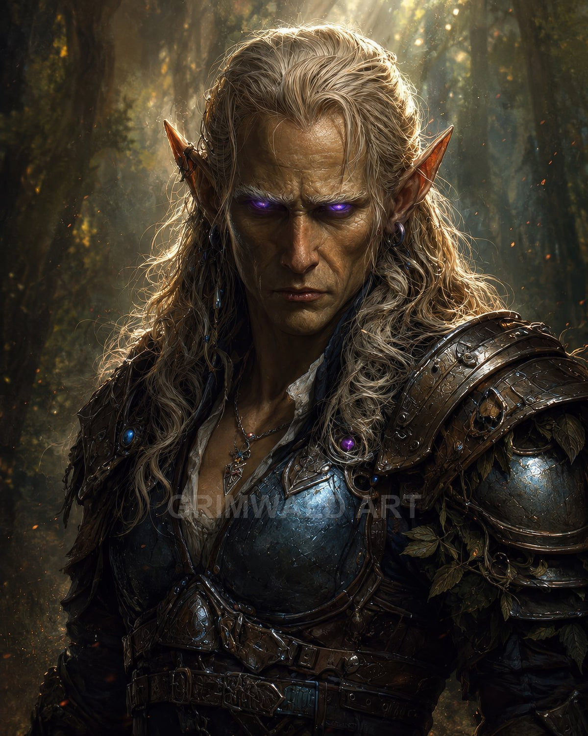 Armoured elf with long silver hair and glowing purple eyes stands in a sun-dappled forest, wearing leaf-adorned plate and gemstone details.