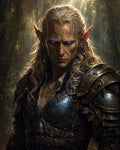 GRID THUMBNAIL — Armoured elf with long silver hair and glowing purple eyes stands in a sun-dappled forest, wearing leaf-adorned plate and gemstone details.