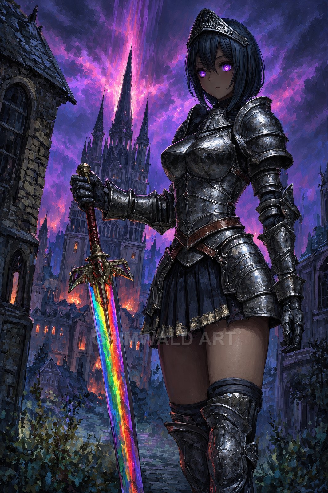 Armoured female knight with glowing violet eyes holds a prismatic sword before a burning gothic cathedral under a stormy purple twilight sky.