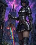 GRID THUMBNAIL — Armoured female knight with glowing violet eyes holds a prismatic sword before a burning gothic cathedral under a stormy purple twilight sky.