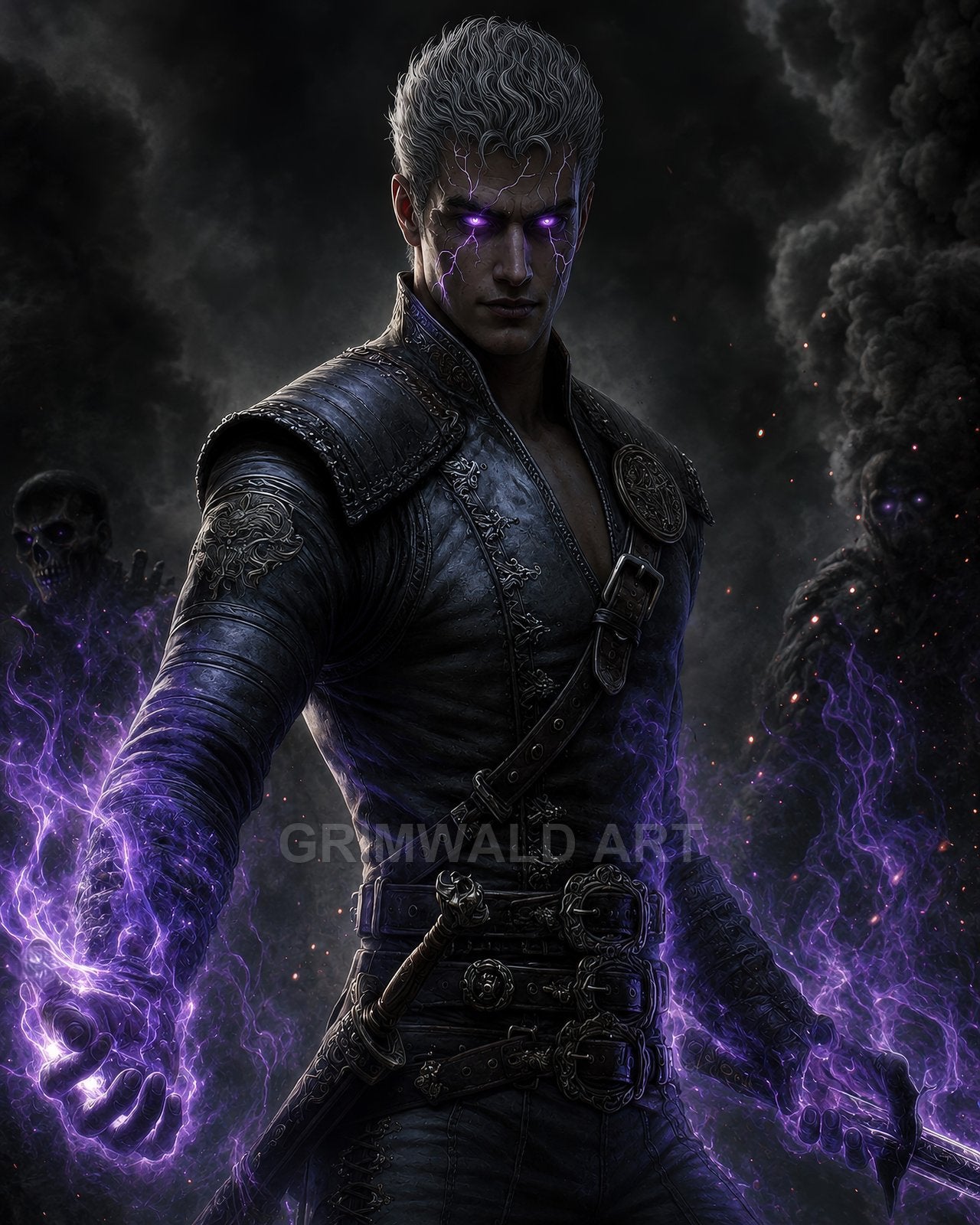 A stern, armoured man with glowing violet eyes channels crackling purple energy, a sheathed sword at his belt, amid swirling smoke and shadowed undead.