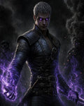 GRID THUMBNAIL — A stern, armoured man with glowing violet eyes channels crackling purple energy, a sheathed sword at his belt, amid swirling smoke and shadowed undead.