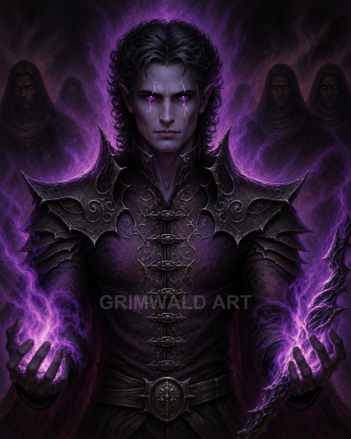 Dark-haired male necromancer in ornate black armour conjures glowing purple energy, with hooded figures and swirling violet mist looming behind him.