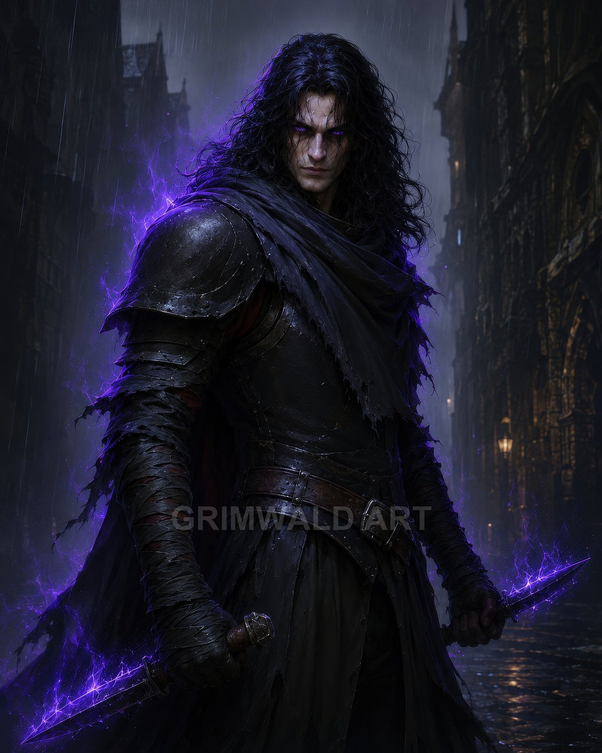 Dark-haired male rogue in black armour stands on a rainy gothic street at night, eyes and twin daggers glowing with crackling violet energy.